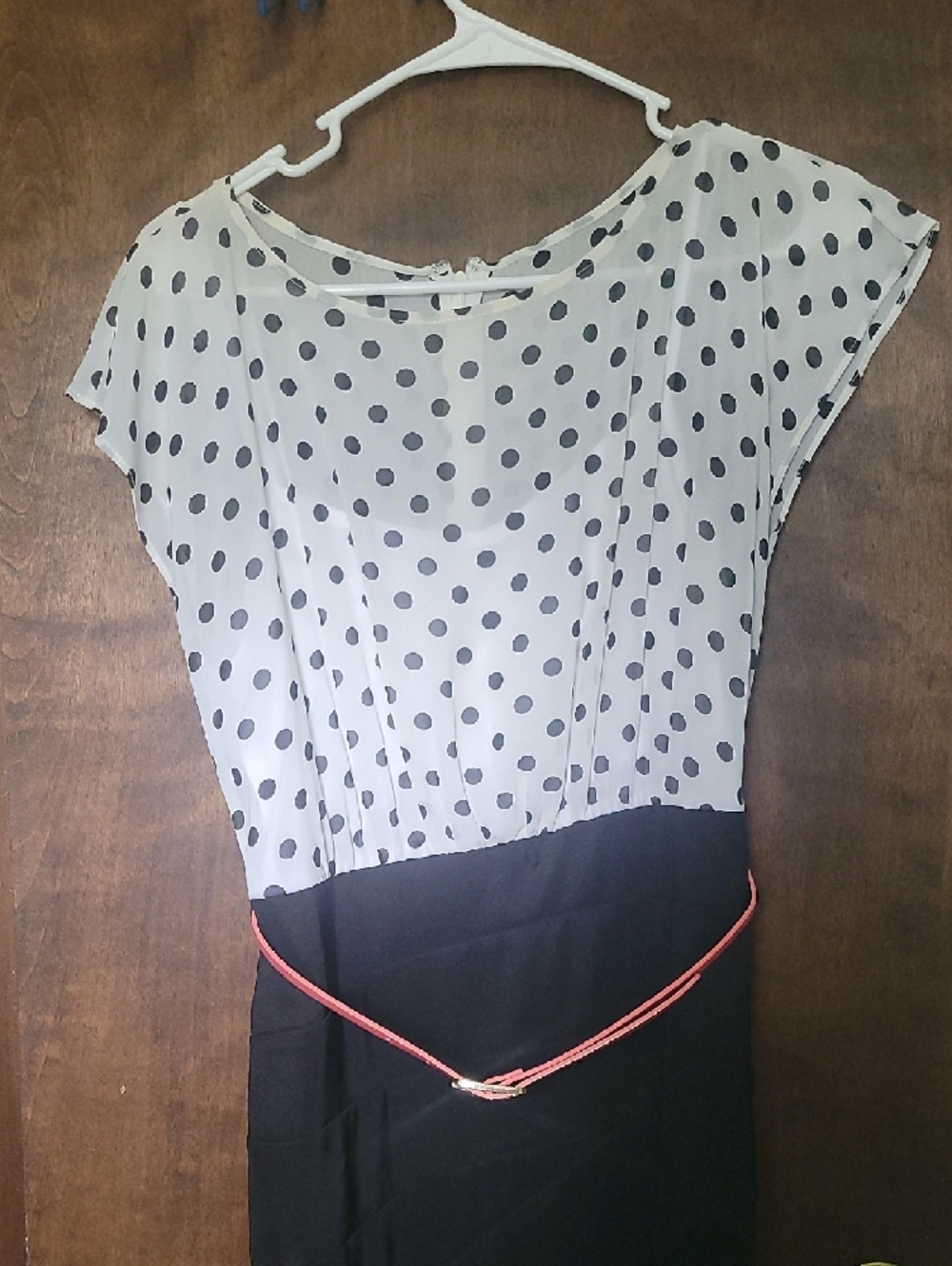 Polka Dot Bodice Black Midi Dress with Coral Belt - Picture 2 of 8